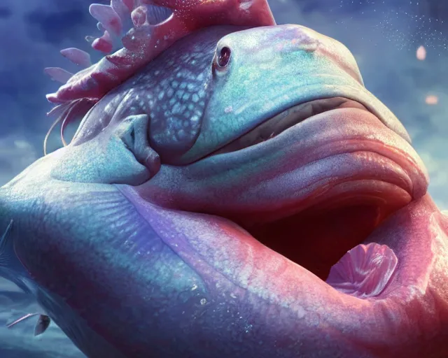 Prompt: of a very beautiful scene. ambient occlusion render. a sweet fat old woman is giving birth to a huge colorful fish. hyper realistic. 4 k. wide angle. sadness. shininess. symmetrical face, red mouth, blue eyes. deep focus, lovely scene. ambient occlusion render. concept art. unreal engine.