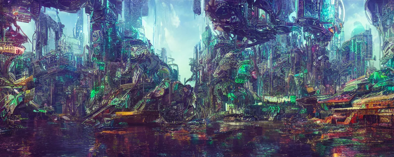 Prompt: dichroic ultra realistic illustration of beautiful ruination futuristic cyberpunk flooded kowloon, epic composition, accidental baroque golden ratio, by roger dean graffiti art, scifi, fantasy, hyper detailed. concept sketch. concept art. trending on artstation