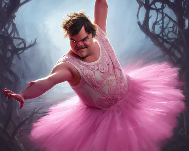 Prompt: photography of jack black dancing in a pink ballerina outfit, full body shot, deep focus, d & d and mtg, fantasy, intricate, elegant, highly detailed, digital painting, artstation, concept art, matte, sharp focus, illustration, hearthstone, art by artgerm and greg rutkowski and alphonse mucha