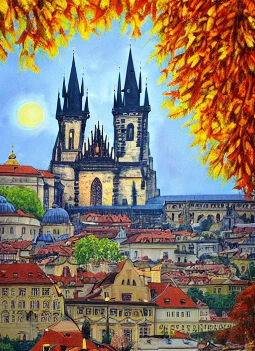 Prompt: painting of beautiful shot of Royal medieval European city like Prague mixed with Istanbul like Islamic architecture with greenery all around , autumn colors