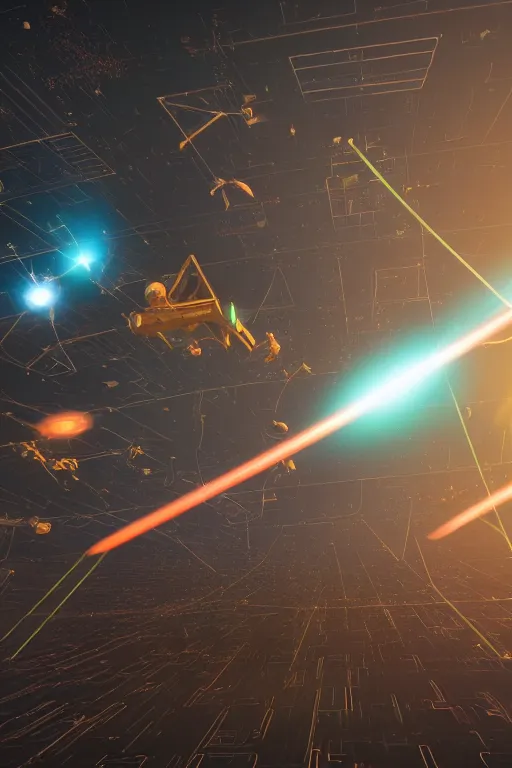 Prompt: wide view of a dozen futuristic spacemen firing lasers in zero gravity, floating, in the sky, bright, hiding behind obstacles, surrounded by a laser grid, stars visible, unreal engine, lensflares, low perspective, fish eye