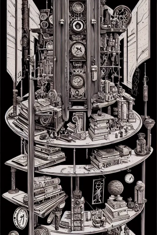 Image similar to a majestic steampunk alchemists bookshelf, two point perspective, furniture, high details, bold line art, by vincent di fate and joe fenton, inking, etching, screen print, masterpiece, trending on artstation, sharp, high contrast, hyper - detailed,, hd, 4 k, 8 k