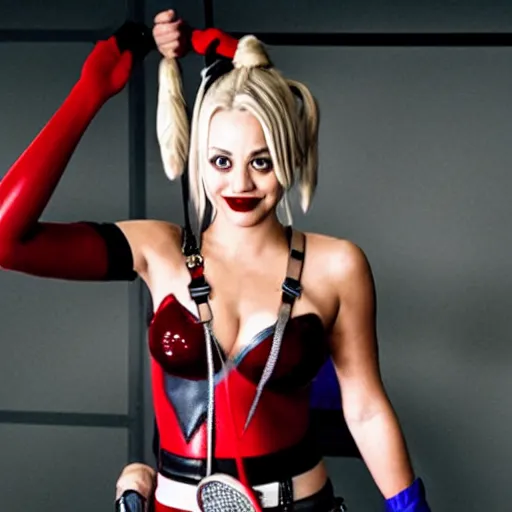 Image similar to A still of Kaley Cuoco as Harley Quinn