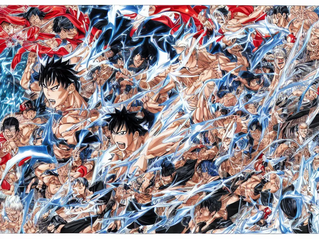 Prompt: beautiful manga double spread illustration of a hero with ice powers by yusuke murata, double spread