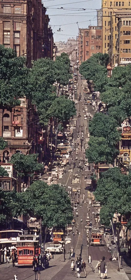 Prompt: a colorized 1 9 6 0 s bustling city street with cable cars and pedestrians and trees