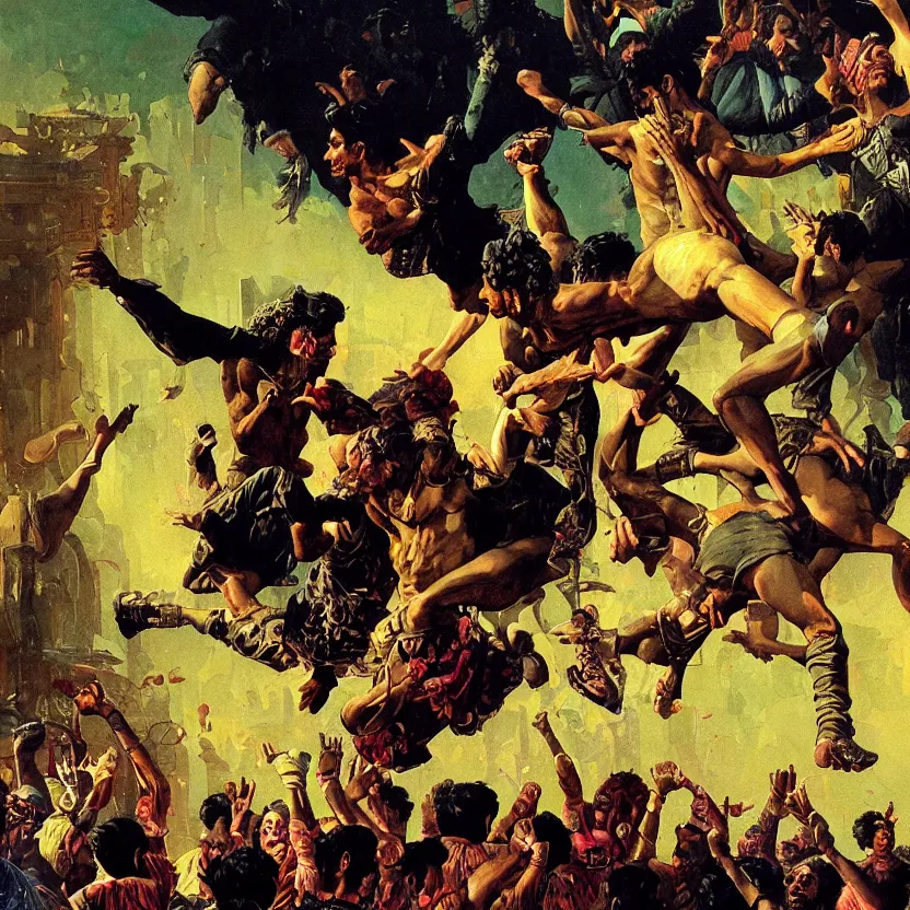 Prompt: a baroque neoclassicist close - up painting of pakistani people jumping out of picture frames. reflective detailed textures. glowing colorful fog, black background. highly detailed fantasy science fiction painting by moebius, norman rockwell, frank frazetta, and syd mead. rich colors, high contrast. artstation