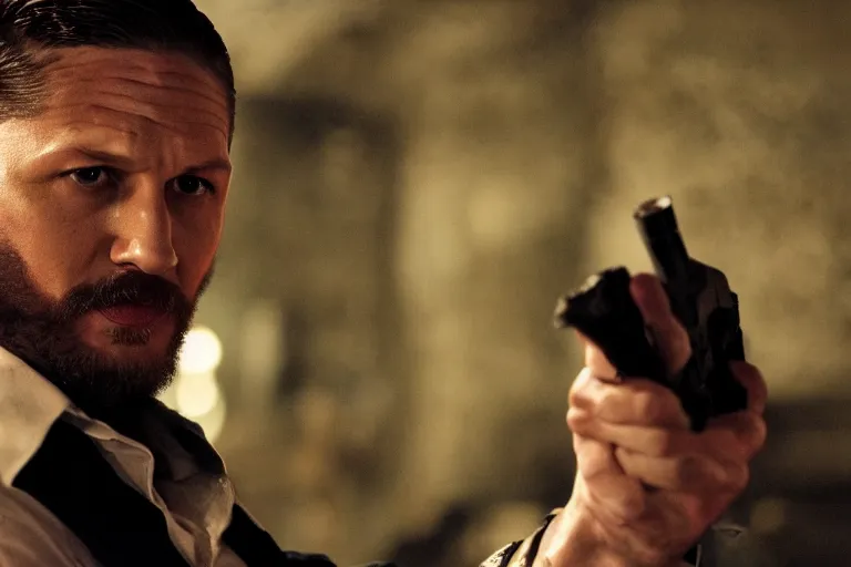 Image similar to film still of Tom Hardy as Max Payne at Club RagnaRock in the Max Payne movie, 4k