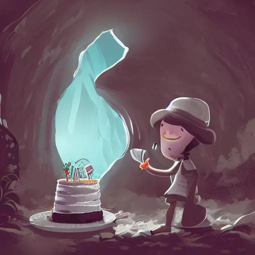 Prompt: an adventurer finding a cake in a dark mysterious cave, digital art