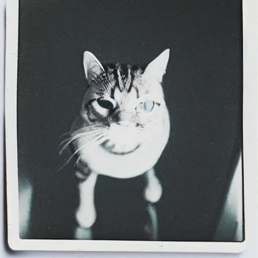 Image similar to wide-shot very low-angle eyesight first-person reflection of a cat in the puddle, polaroid photo, by Andy Warhol, signed