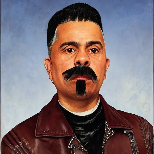 Prompt: front medium portrait of a middle - aged mexican man with a mohawk haircut, moustache, wearing a leather jacket, blank background, rembrandt lighting, by kehinde wiley, kadir nelson, norman rockwell