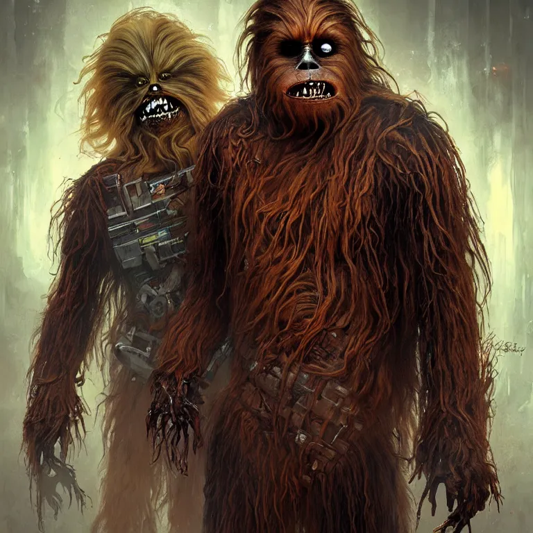 Image similar to scary horrific zombie chewbacca and rotting wookies, dark star wars fantasy, body horror, sores and scars, undead. highly detailed, biopunk, digital painting, by greg rutkowski, artgerm, giger and alphonse mucha