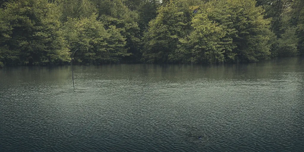 Image similar to centered photograph of a long rope zig zagging across the surface of the water, floating submerged rope stretching out towards the center of the lake, a dark lake on a cloudy day, color film, trees in the background, hyperedetailed photo, anamorphic lens