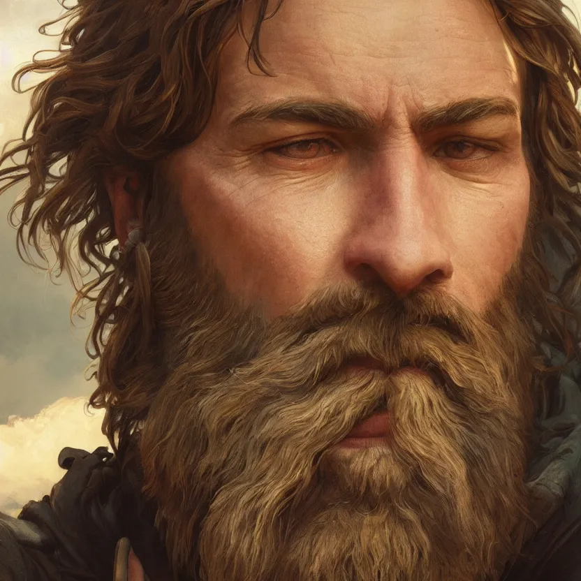Prompt: close up portrait painting of a bearded hiker hearing a beany, ultra realistic, concept art, intricate details, serious, highly detailed, photorealistic, octane render, 8 k, unreal engine. art by artgerm and greg rutkowski and alphonse mucha