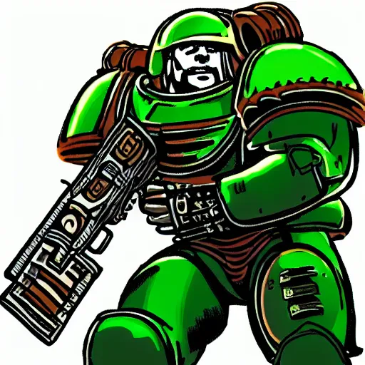 Prompt: a space marine in green armor with cannabis leafs as insignia, comic style