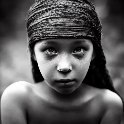 Prompt: stunning portrait photography of young beautiful witch princess from national geographic award winning, dramatic lighting, taken with canon 5d mk4, sigma art lens, monochrome