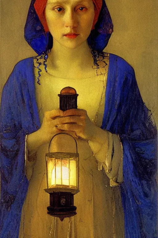 Image similar to queen of the twilight with her lantern , by Annie Swynnerton and Nicholas Roerich and Vermeer, strong dramatic cinematic lighting , ornate headdress , lost civilizations, smooth, sharp focus, extremely detailed