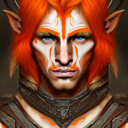 Image similar to portrait painting of a very young elven man with short light orange hair and tribal tattoos on his face wearing fur armor, sharp focus, award - winning, trending on artstation, masterpiece, highly detailed, intricate. art by james ryman