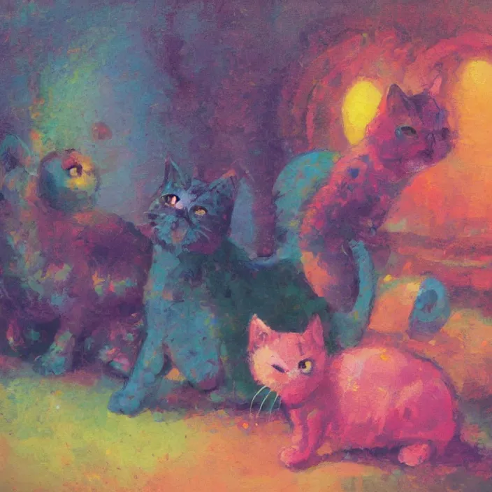 Image similar to colourful painting of two cute little kitties, art in paul lehr and charles camoin style, close shot, bright, evening, soft lighting, focus, masterpiece art