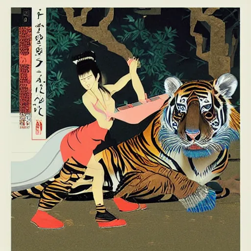 Image similar to a delorean protecting a tiger, japanese magazine collage, art by hsiao - ron cheng and utagawa kunisada