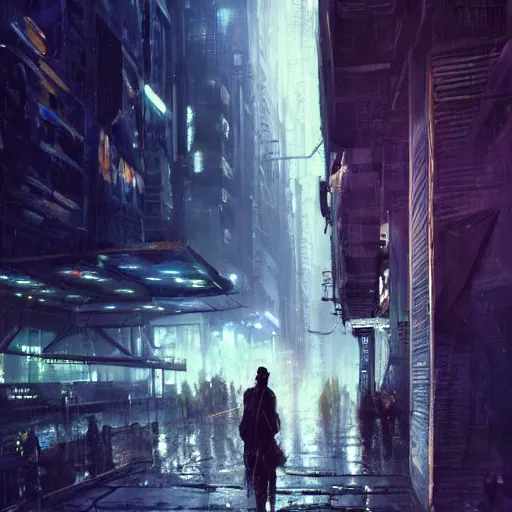 Image similar to a wanderer in a cyberpunk city, megastructure in the background, night, dramatic lighting, chiaroscuro, high detail, painted by greg rutkowski, painted by igor kieryluk, painted by raymond swanland, painted by jeremy mann, trending on artstation