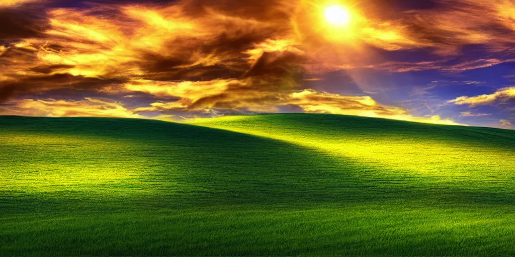 Prompt: a highly detailed 4 k photograph of the windows xp bliss wallpaper emerging from the heavens. h 5 7 6