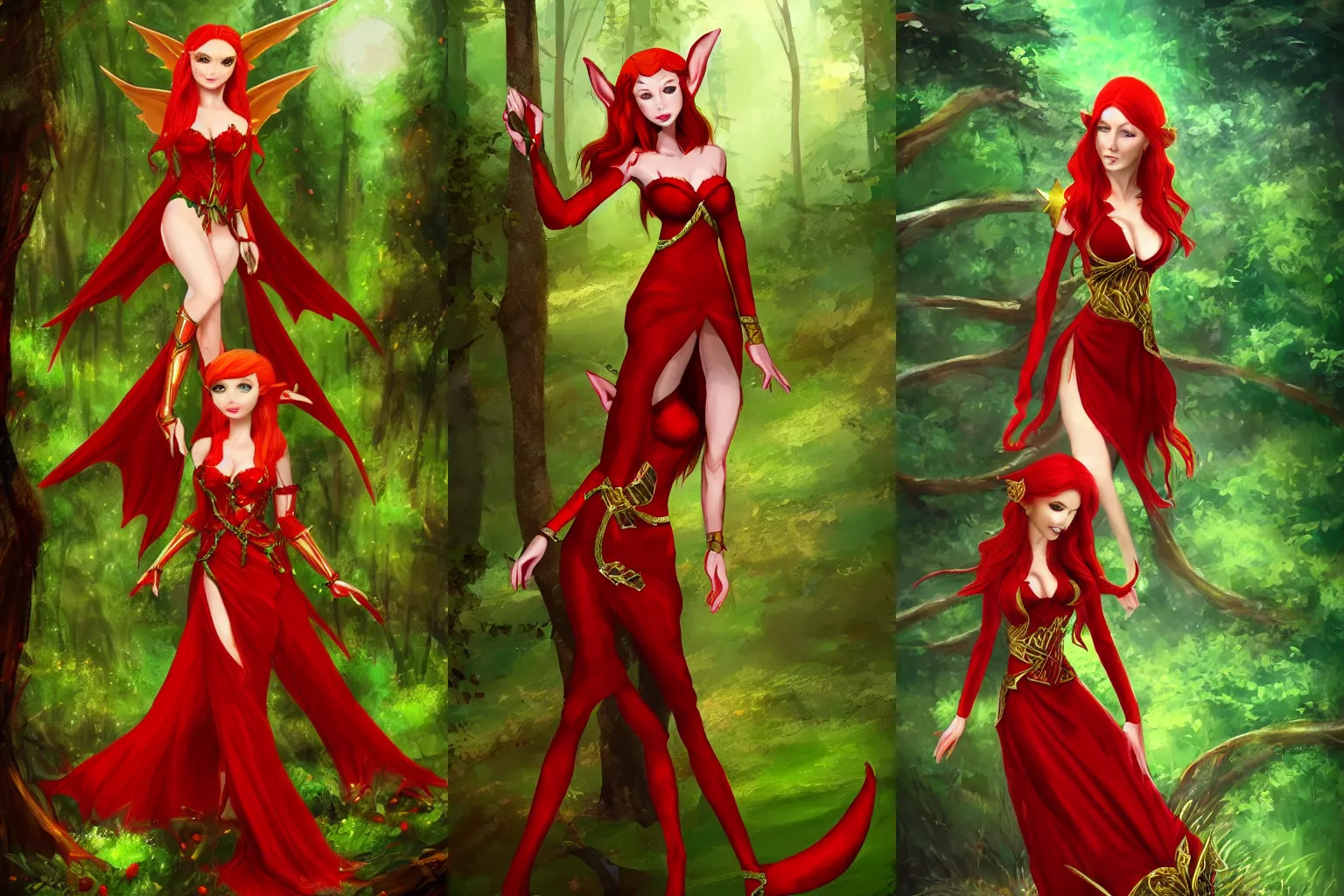 Prompt: red haired beautiful elf queen in red, gold and green dress in the middle of the forest. ArtStation, Fantasy.