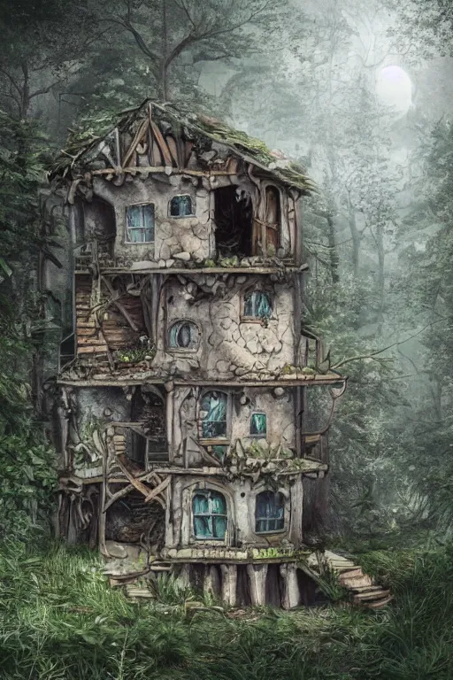 Image similar to Ultra realistic illustration of a ramshackle multistory fairytale hut in the forest