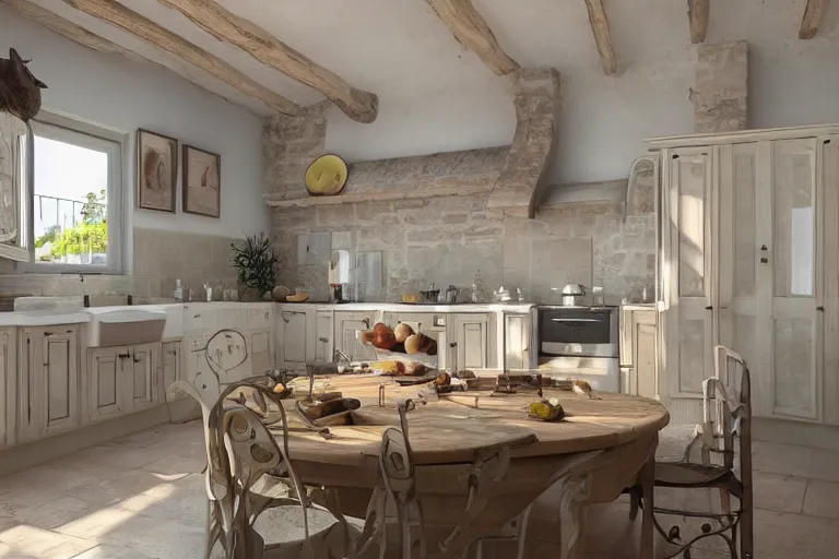 Image similar to Photography of Provence style kitchen with sleeping cat in the center, photorealism