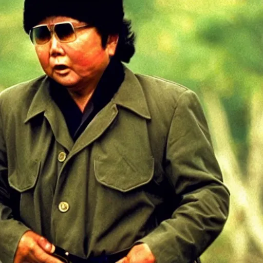 Image similar to a still of Kim Jong-il as John Rambo in Rambo First blood, red sweatband