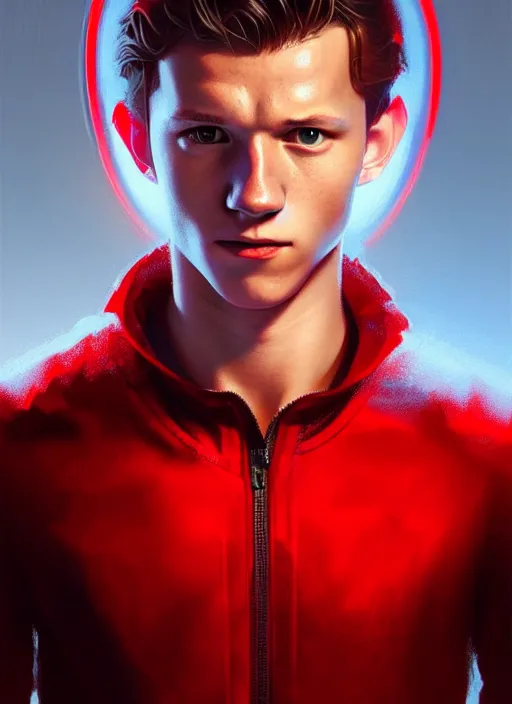 Image similar to portrait of tom holland with hazel eyes, hazel eyes, red shirt, intricate, elegant, glowing lights, highly detailed, digital painting, artstation, concept art, smooth, sharp focus, illustration, art by wlop, mars ravelo and greg rutkowski