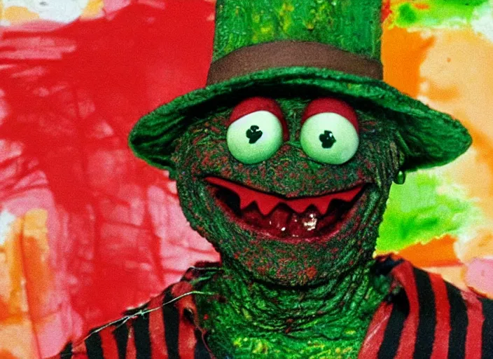 Image similar to freddy krueger as kermit the frog, happy face. long shot, colourful, happy colors, by hermann nitsch and hermann nitsch, high detail