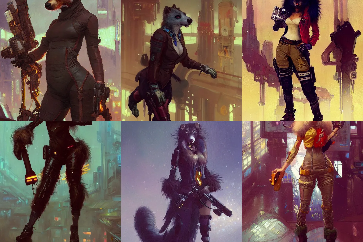 Prompt: female anthropomorphic furry weasel character in cyberpunk clothes. Renowned character illustration by greg rutkowski, thomas kindkade, alphonse mucha, loish, norman rockwell. Trending on artstation.