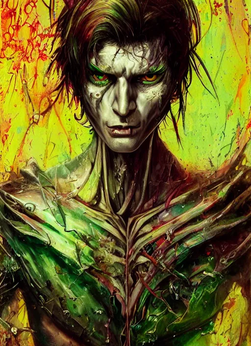 Image similar to a Demon Slayer portrait of Johnny Silverhand, tall, pale-skinned, slender with lime green eyes and long eyelashes by Stanley Artgerm, Tom Bagshaw, Arthur Adams, Carne Griffiths, trending on Deviant Art, street art, face enhance, chillwave, maximalist, full of color, glittering