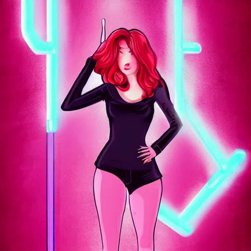 Image similar to confident woman, making a V sign hand gesture, hand on hip, gradient hair, heavy winged eyeliner, long fake lashes, overlined lipstick, subtle blush, mouth open with tongue sticking out, cross-eyed, in a neon lit sci-fi bar, trending on Artstation, digital art, in the style of artgerm and WLOP