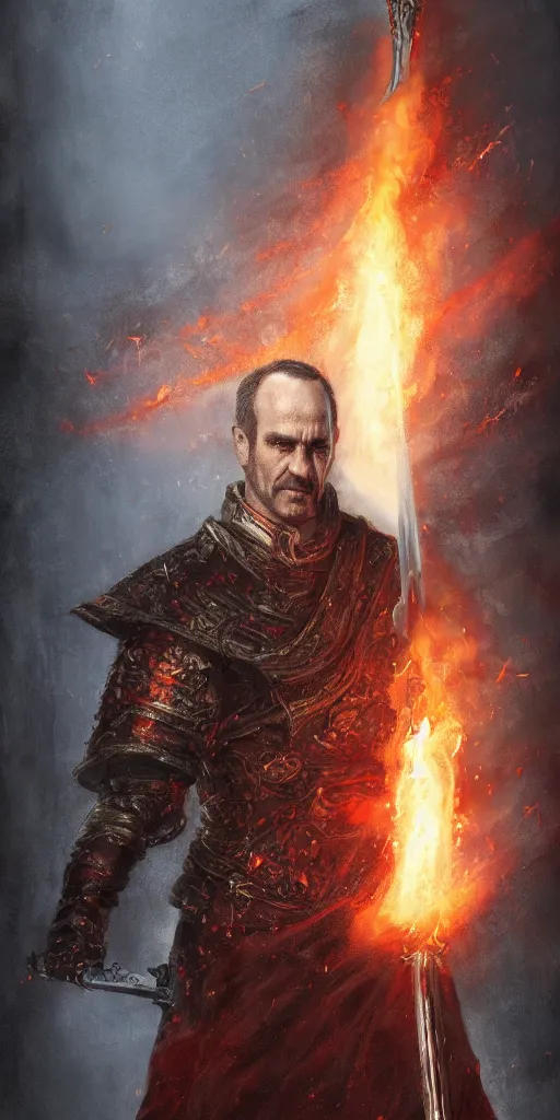 Image similar to stannis baratheon, artstation, flaming sword, high detail, dramatic lighting