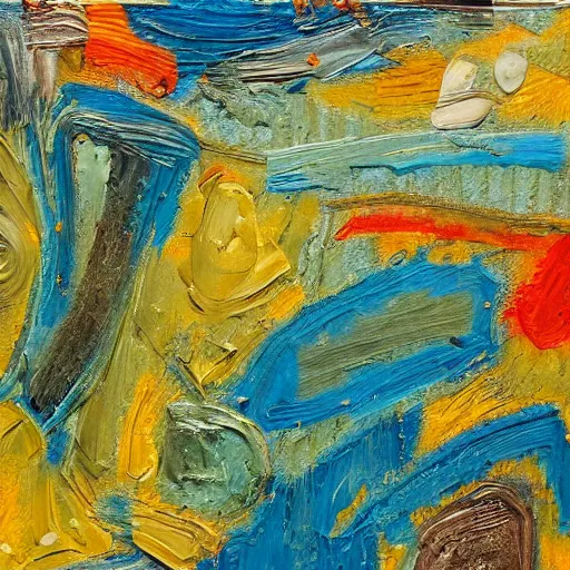 Image similar to oil paint impasto relief, icy mountain, multi layered abstract texture thick brush marks, some splattered paint, in the style of van gogh and frank auerbach