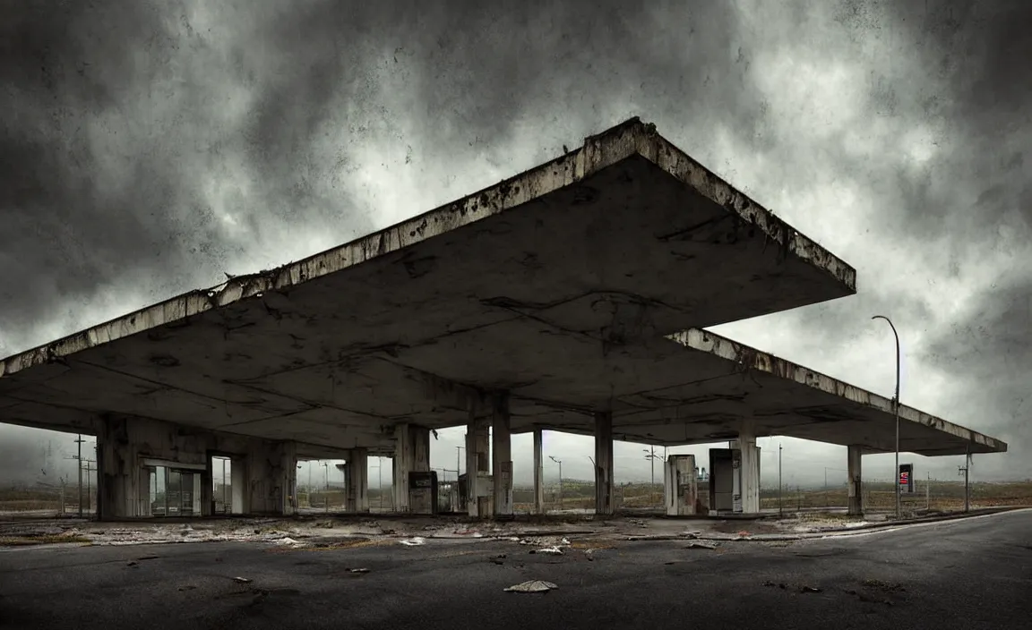 Image similar to epic professional digital art of abandoned italian eni gas station, faint taupe moody atmospheric lighting, painted, intricate, detailed, detailed, foreboding, by leesha hannigan, wayne haag, reyna rochin, ignacio fernandez rios, mark ryden, iris van herpen,, epic, stunning, gorgeous, much wow, cinematic, masterpiece.