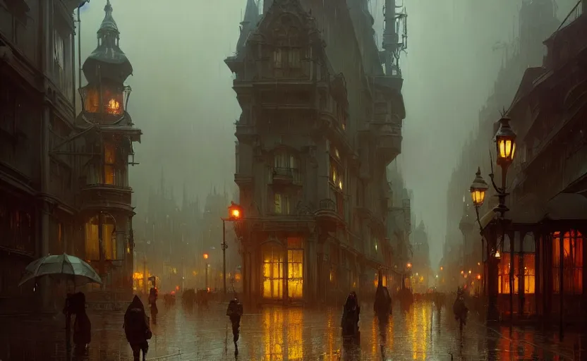 Image similar to a victorian city with rainy and moody cinematic lighting by darek zabrocki and greg ruthkowski, alphonse mucha, simon stalenhag and cinematic and atmospheric, concept art, artstation, trending on artstation