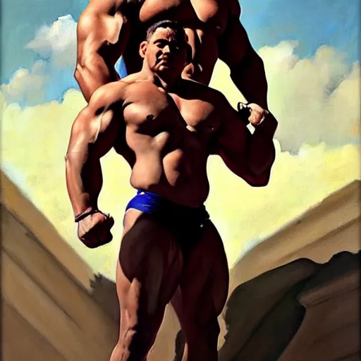 Image similar to greg manchess portrait of himera man and hibiscus as roided thick muscular weightlifter fantasy medium shot, asymmetrical, profile picture, organic painting, sunny day, matte painting, bold shapes, hard edges, street art, trending on artstation, by huang guangjian and gil elvgren and sachin teng