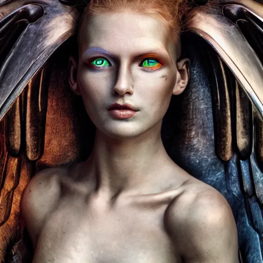 Image similar to UHD candid photo of a cyborg Angel, UHD, photorealistic, correct face, photo by Annie Leibowitz