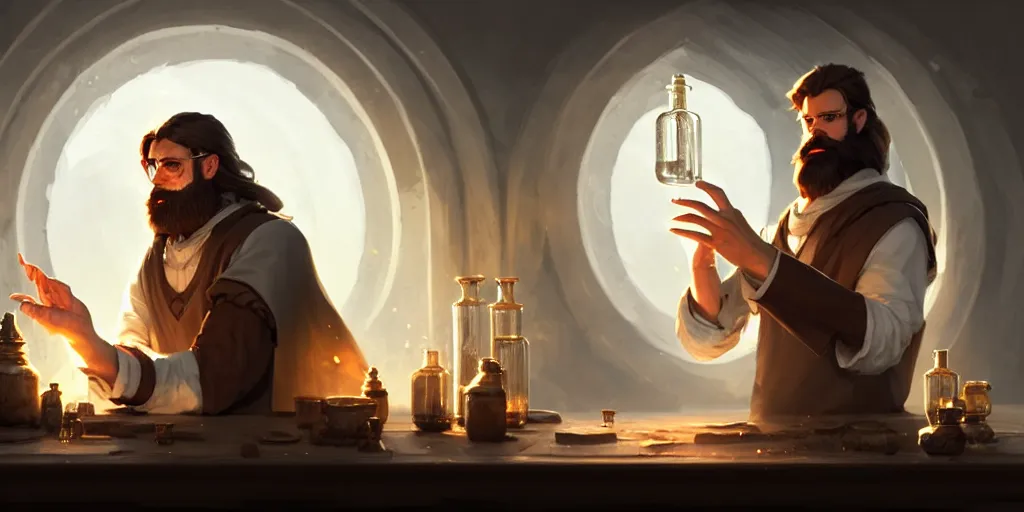 Image similar to a handsome bearded white male mage with brown hair he is casting a spell emanating from his hands, he is in a alchemist workshop filled with beakers and equipment, open hands, sharp focus, waist up, trending on artstation, by greg rutkowski, rudy siswanto and anna podedworna