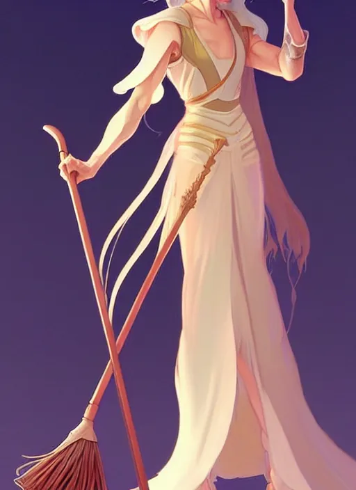 Image similar to elegant fantasy wizard based on anthony edan holding a broom natural lighting, path traced, highly detailed, high quality, digital painting, by don bluth and ross tran and studio ghibli and alphonse mucha, artgerm