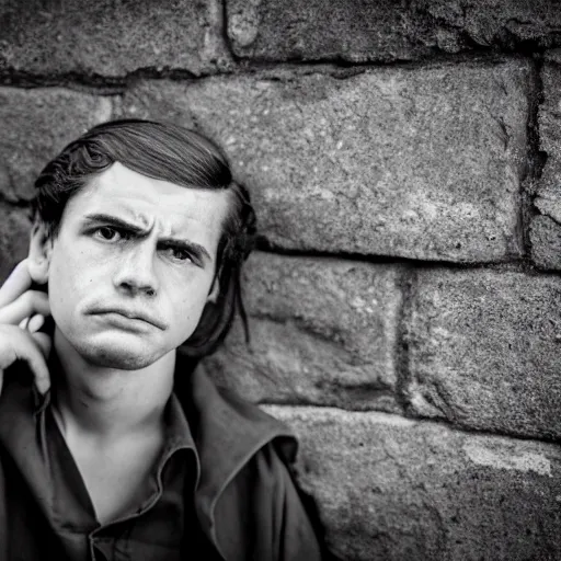 Prompt: Portrait of a terrified young man on the verge of tears in 1930s attire with long hair cornered against a stone wall. He is looking utterly panicked and distressed. 4K sigma 85mm