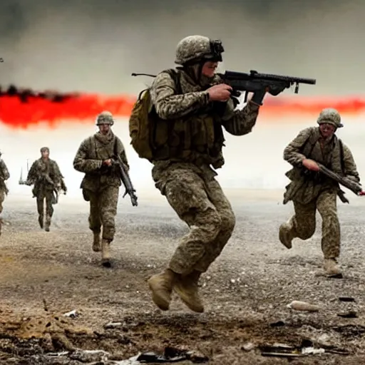 Prompt: american soldiers running at the camera with rifles during normandy beach landing with fiery explosions and debris and dead bodies and limbs all around them in the style of the movie lone survivor and saving private ryan, gritty, 4 k, cinematic lighting, rule of thirds, high power explosions causing bodies to explode with bloody pieces