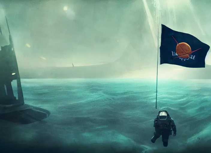 Image similar to astronaut holding a flag in an underwater desert. a submarine is visible in the distance. dark, concept art, cinematic, dramatic, atmospheric, 8 k, trending on artstation, blue, fish, low visibility, fog, ocean floor, christopher nolan, interstellar