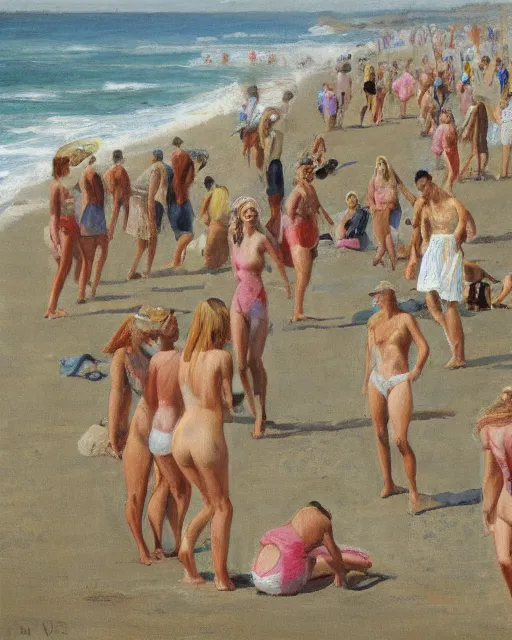 Image similar to a crowd of blonde women, beach