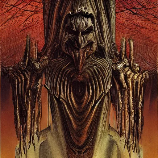 Image similar to the discovery of fire by Wayne Barlowe and H R Giger
