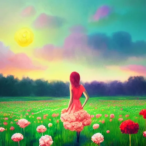 Prompt: head of carnations flower, full body, girl walking in a flower field, surreal photography, sunrise dramatic light, impressionist painting, colorful clouds, digital painting, artstation, simon stalenhag, flower face