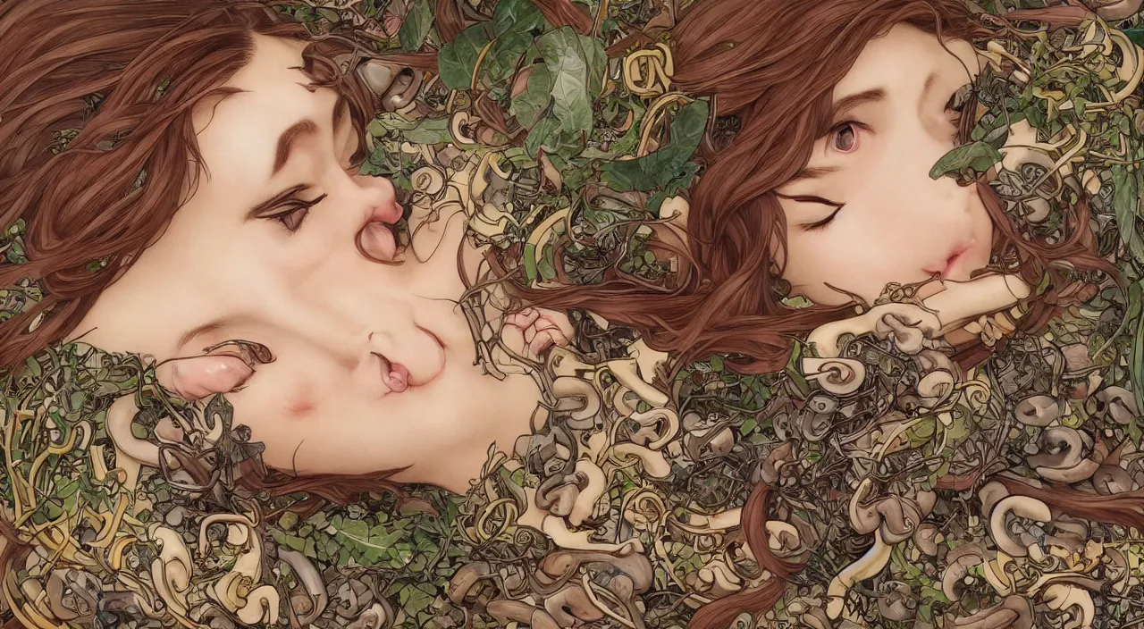 Image similar to a bio - mechanical pretty sleeping giant woman with mushrooms as camouflage, 4 k, ultra realistic, beautiful eyes!!, epic lighting, machines, high detail, masterpiece, trending on artstation by artgerm and akihito tsukushi!! and alphonse mucha, crayons!!!!!!!!!!!!!!!