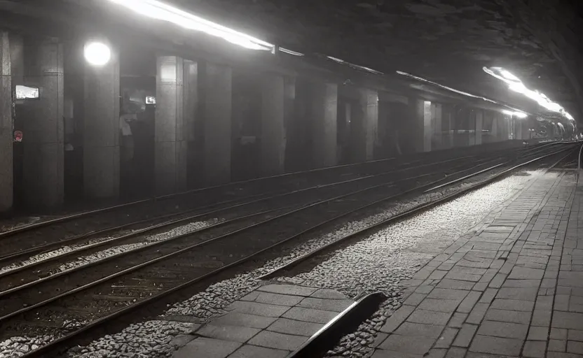 Image similar to very large giant mutant antropomorphic rat staying on railways in tonnel of moscow subway. extreme high detail. low light, scary atmosphere, darkness